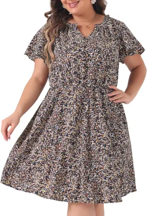 Agnes Orinda Plus Size Dress for Women Boho Floral Notched V Neck Ruffle Sleeve a Line Midi Dresses
