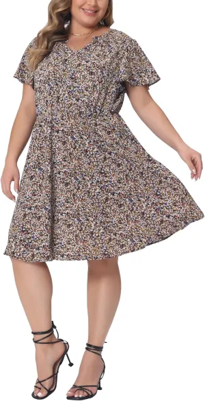 Agnes Orinda Plus Size Dress for Women Boho Floral Notched V Neck Ruffle Sleeve a Line Midi Dresses