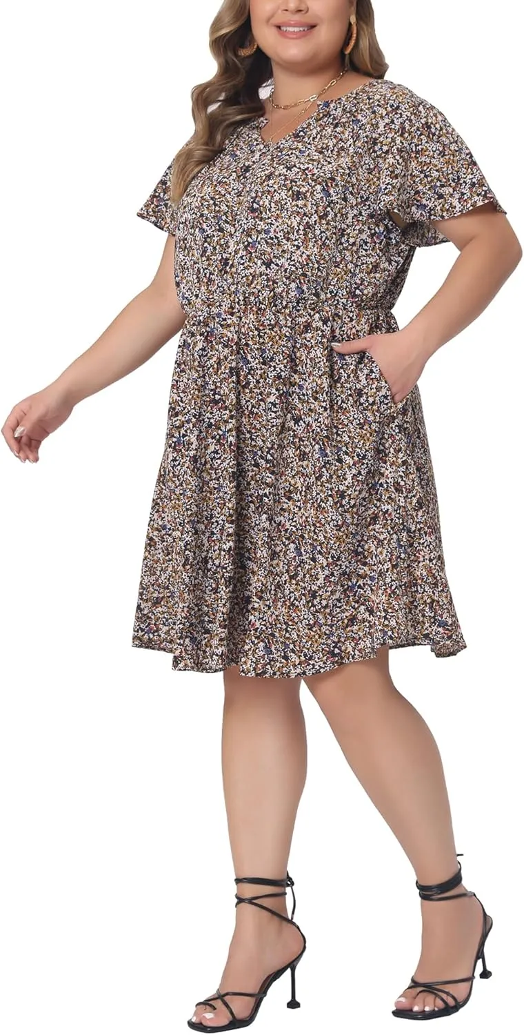 Agnes Orinda Plus Size Dress for Women Boho Floral Notched V Neck Ruffle Sleeve a Line Midi Dresses