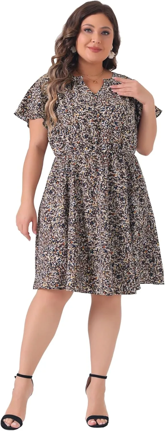 Agnes Orinda Plus Size Dress for Women Boho Floral Notched V Neck Ruffle Sleeve a Line Midi Dresses
