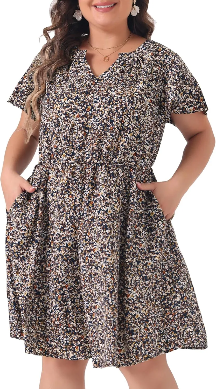 Agnes Orinda Plus Size Dress for Women Boho Floral Notched V Neck Ruffle Sleeve a Line Midi Dresses