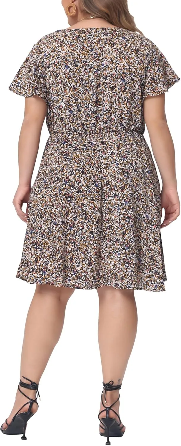 Agnes Orinda Plus Size Dress for Women Boho Floral Notched V Neck Ruffle Sleeve a Line Midi Dresses