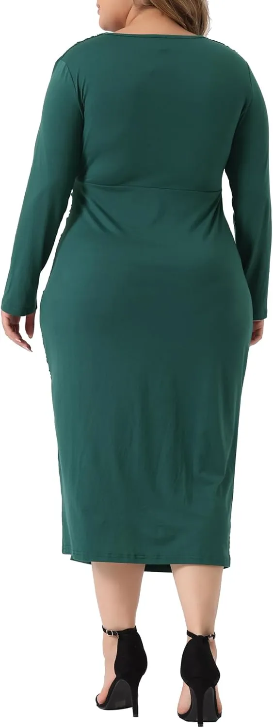 Agnes Orinda Plus Size Dresses for Women Sexy Long Sleeve Deep V Neck Ruched Slit Wedding Cocktail Bodycon Dress