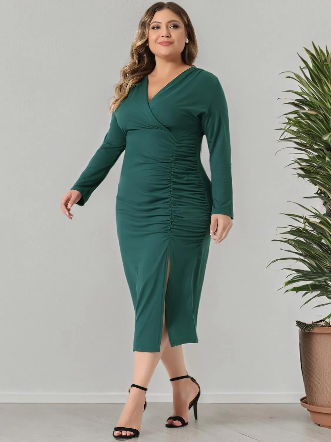 Agnes Orinda Plus Size Dresses for Women Sexy Long Sleeve Deep V Neck Ruched Slit Wedding Cocktail Bodycon Dress