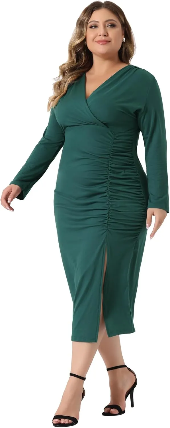 Agnes Orinda Plus Size Dresses for Women Sexy Long Sleeve Deep V Neck Ruched Slit Wedding Cocktail Bodycon Dress