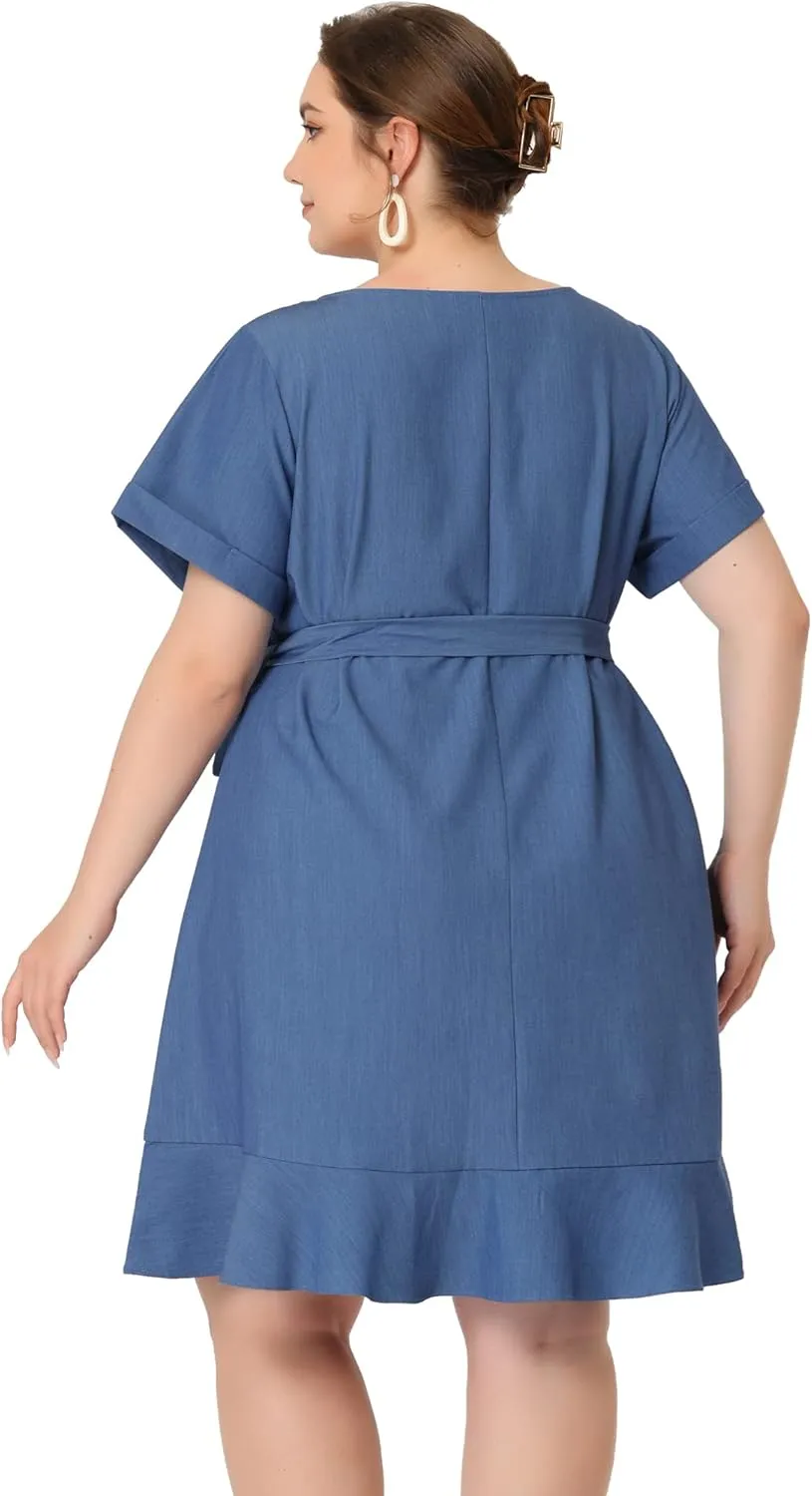 Agnes Orinda Plus Size Dresses for Women Summer Tie Waist Short Sleeve Sundress Ruffle Midi Chambray Dress