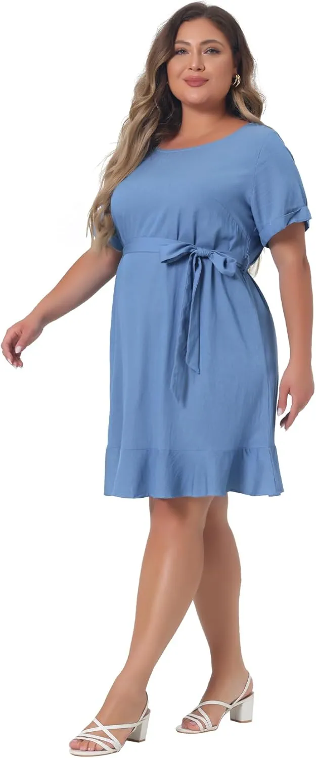 Agnes Orinda Plus Size Dresses for Women Summer Tie Waist Short Sleeve Sundress Ruffle Midi Chambray Dress