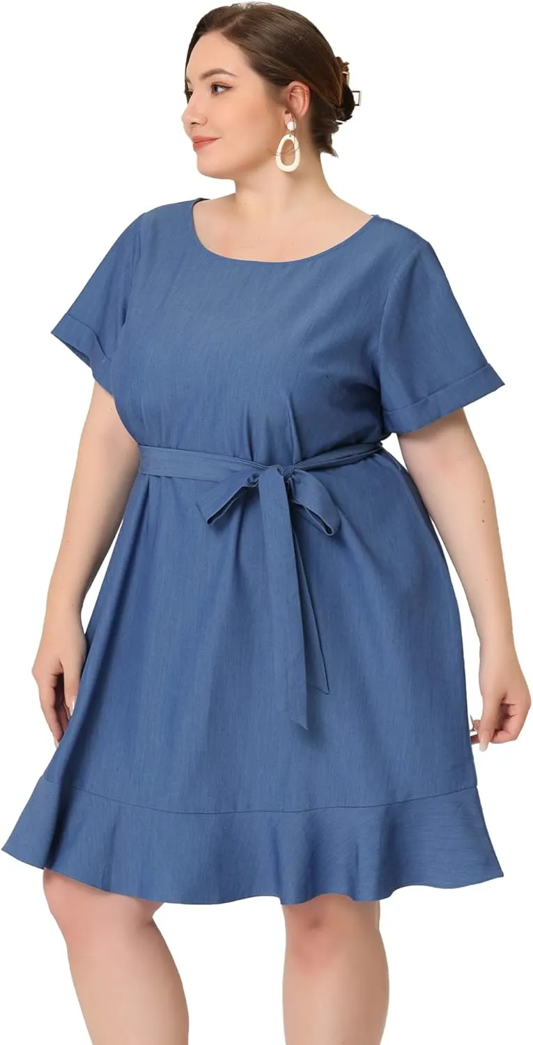 Agnes Orinda Plus Size Dresses for Women Summer Tie Waist Short Sleeve Sundress Ruffle Midi Chambray Dress