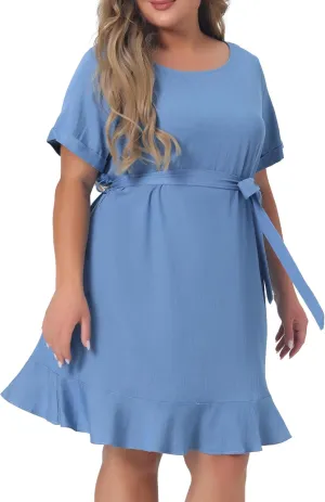 Agnes Orinda Plus Size Dresses for Women Summer Tie Waist Short Sleeve Sundress Ruffle Midi Chambray Dress
