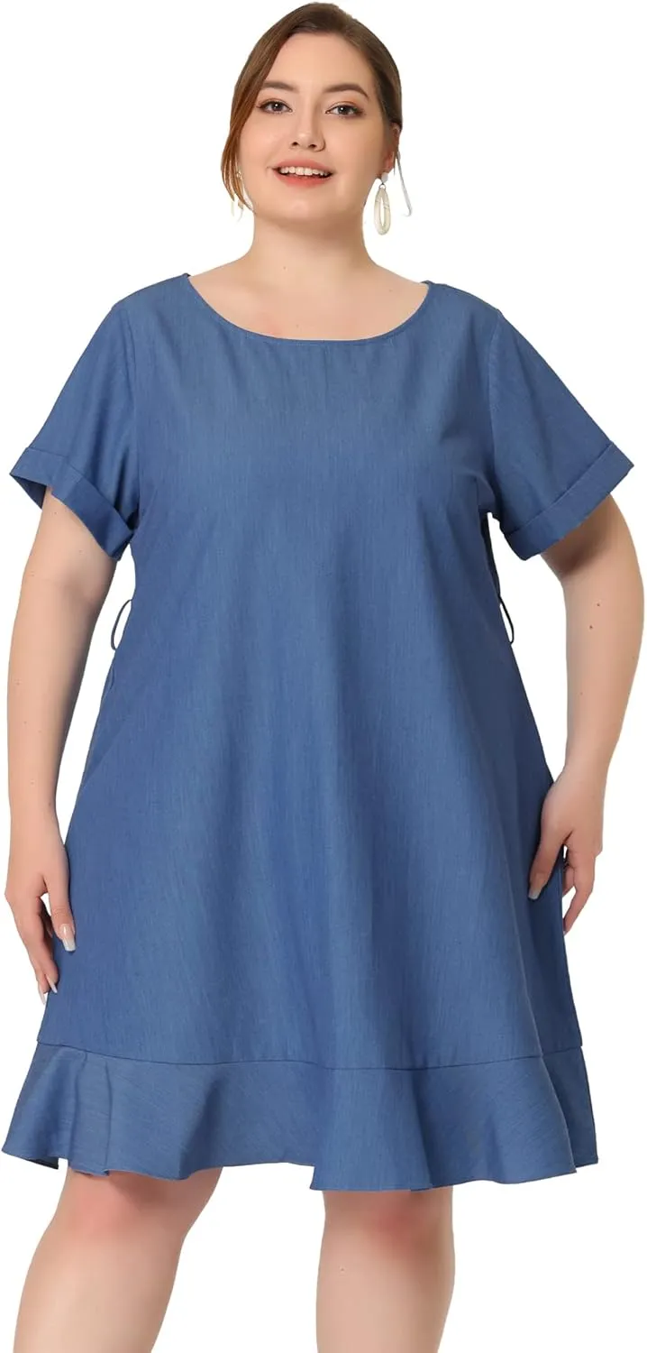 Agnes Orinda Plus Size Dresses for Women Summer Tie Waist Short Sleeve Sundress Ruffle Midi Chambray Dress