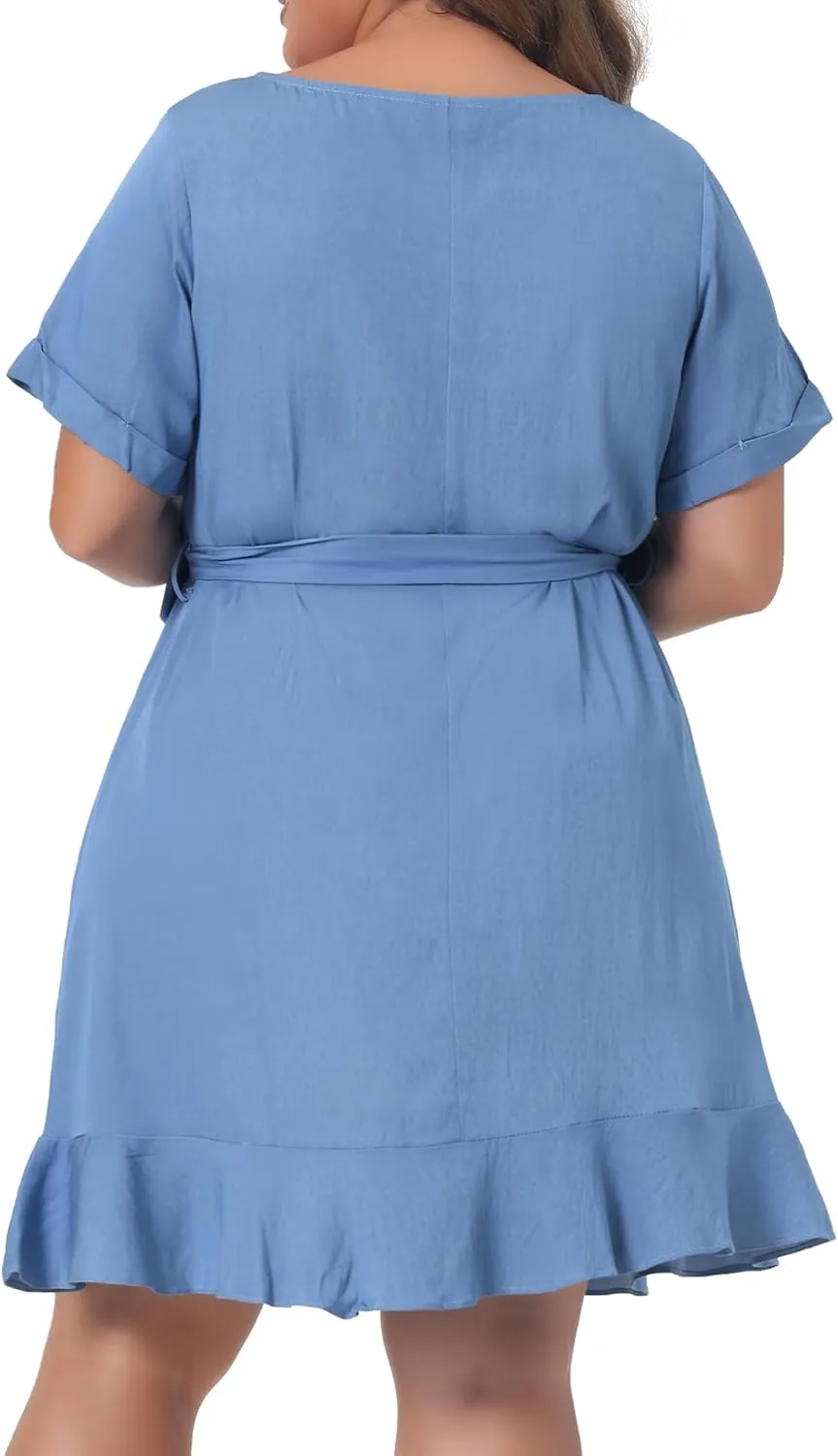 Agnes Orinda Plus Size Dresses for Women Summer Tie Waist Short Sleeve Sundress Ruffle Midi Chambray Dress