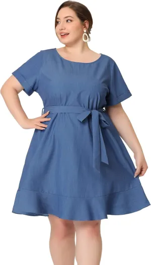 Agnes Orinda Plus Size Dresses for Women Summer Tie Waist Short Sleeve Sundress Ruffle Midi Chambray Dress
