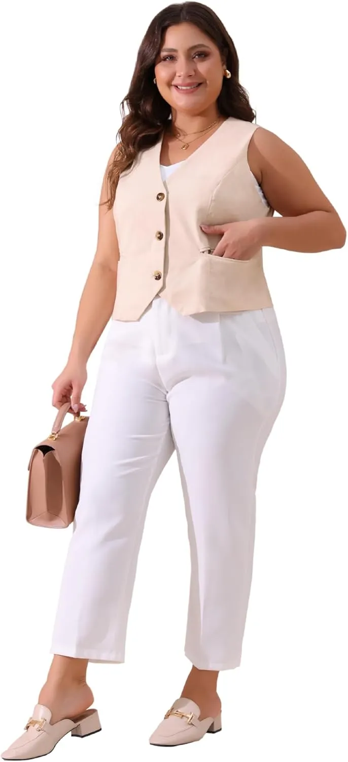 Agnes Orinda Plus Size Linen Vest for Women Sleeveless Lined Waistcoat Suit Vest Blazer Crop Top with Pockets Casual Work