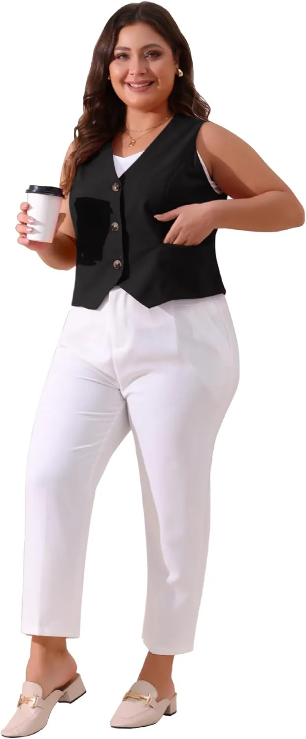 Agnes Orinda Plus Size Linen Vest for Women Sleeveless Lined Waistcoat Suit Vest Blazer Crop Top with Pockets Casual Work