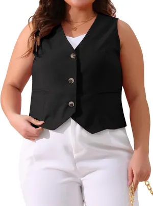 Agnes Orinda Plus Size Linen Vest for Women Sleeveless Lined Waistcoat Suit Vest Blazer Crop Top with Pockets Casual Work