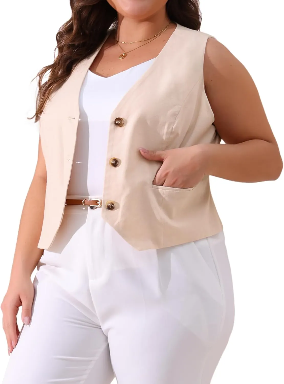 Agnes Orinda Plus Size Linen Vest for Women Sleeveless Lined Waistcoat Suit Vest Blazer Crop Top with Pockets Casual Work