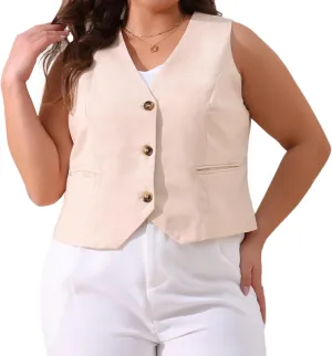 Agnes Orinda Plus Size Linen Vest for Women Sleeveless Lined Waistcoat Suit Vest Blazer Crop Top with Pockets Casual Work
