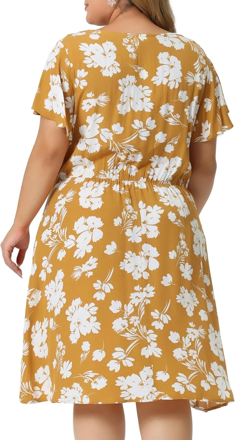 Agnes Orinda Plus Size Summer Dresses for Women V Neck Flare Sleeve Sundress Peplum Midi Ruffle Dress