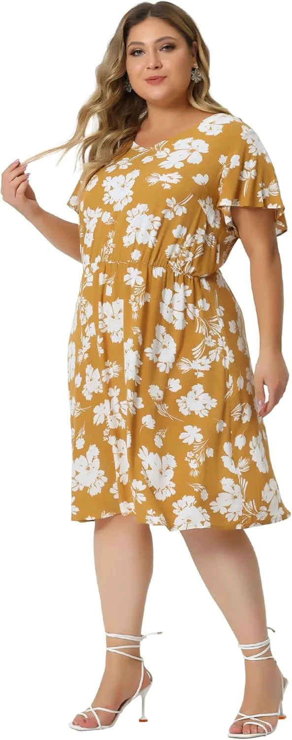 Agnes Orinda Plus Size Summer Dresses for Women V Neck Flare Sleeve Sundress Peplum Midi Ruffle Dress