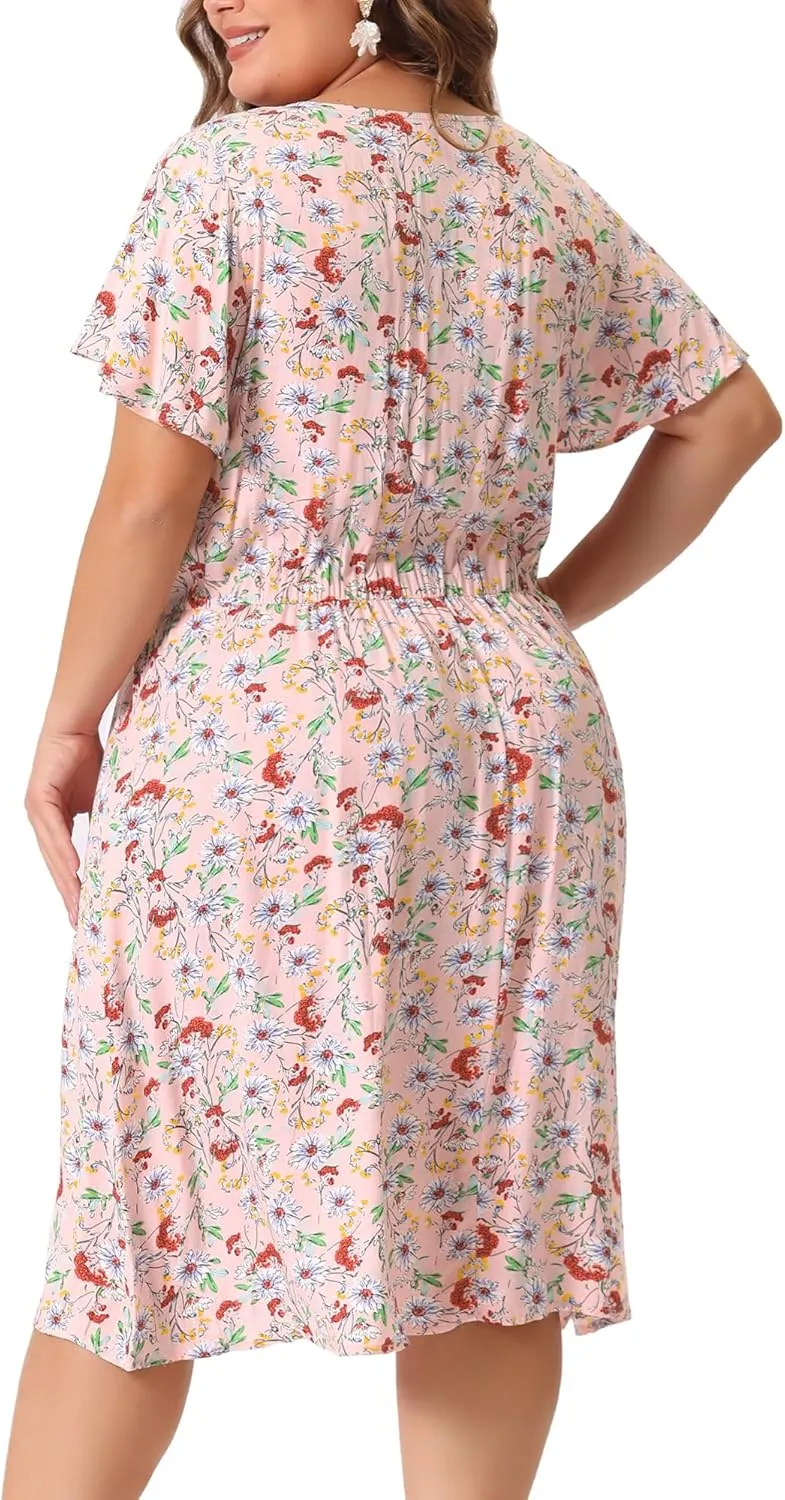 Agnes Orinda Plus Size Summer Dresses for Women V Neck Flare Sleeve Sundress Peplum Midi Ruffle Dress