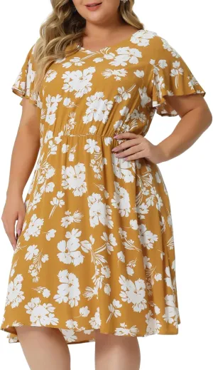 Agnes Orinda Plus Size Summer Dresses for Women V Neck Flare Sleeve Sundress Peplum Midi Ruffle Dress