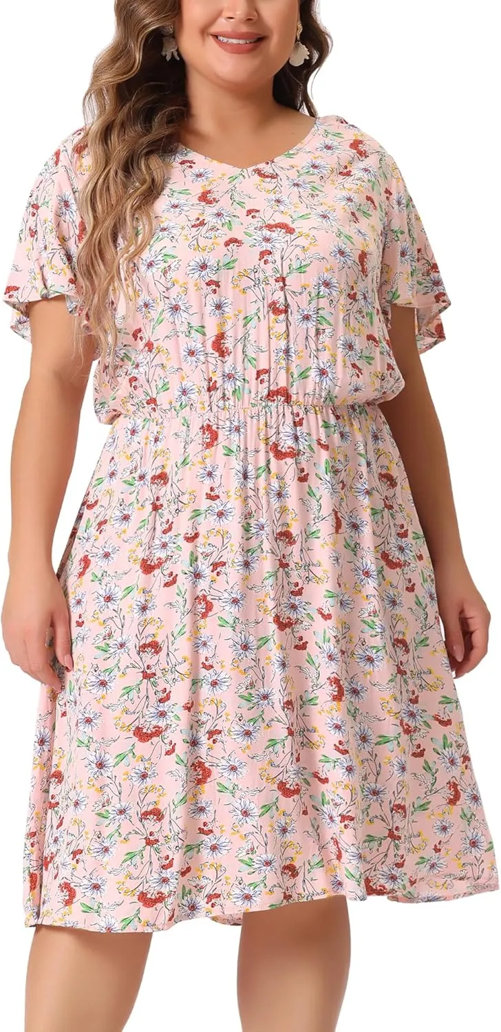 Agnes Orinda Plus Size Summer Dresses for Women V Neck Flare Sleeve Sundress Peplum Midi Ruffle Dress