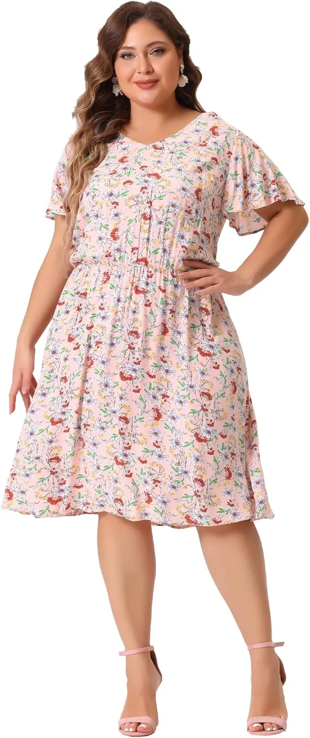 Agnes Orinda Plus Size Summer Dresses for Women V Neck Flare Sleeve Sundress Peplum Midi Ruffle Dress