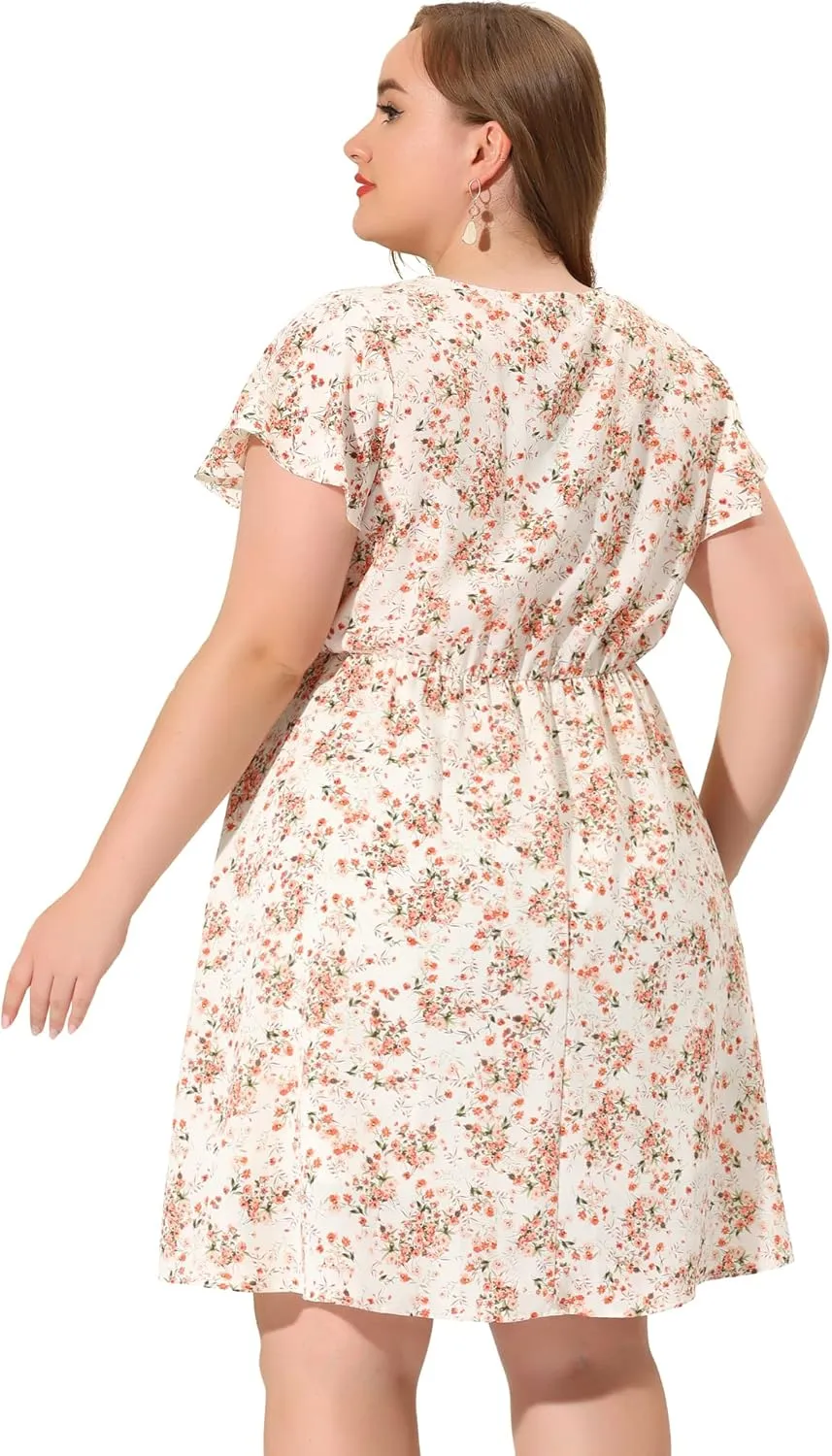 Agnes Orinda Plus Size Summer Dresses for Women V Neck Flare Sleeve Sundress Peplum Midi Ruffle Dress
