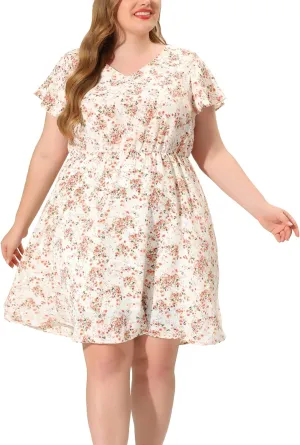Agnes Orinda Plus Size Summer Dresses for Women V Neck Flare Sleeve Sundress Peplum Midi Ruffle Dress