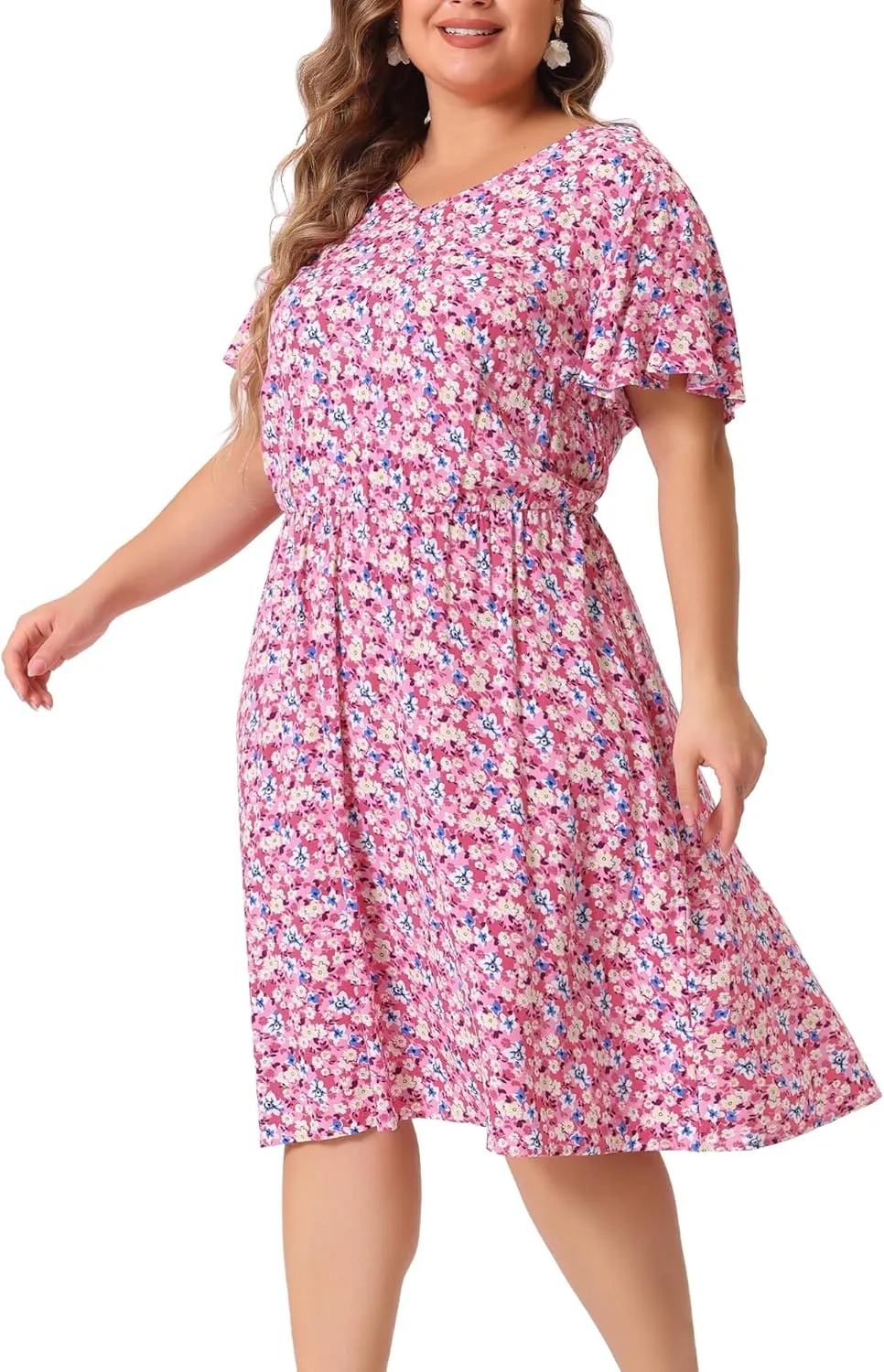 Agnes Orinda Plus Size Summer Dresses for Women V Neck Flare Sleeve Sundress Peplum Midi Ruffle Dress