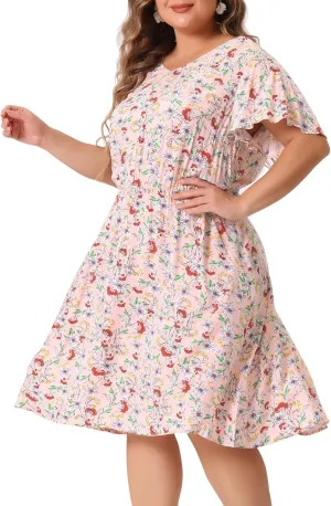 Agnes Orinda Plus Size Summer Dresses for Women V Neck Flare Sleeve Sundress Peplum Midi Ruffle Dress