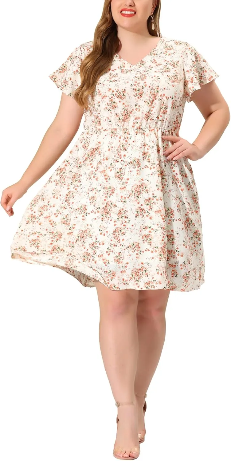 Agnes Orinda Plus Size Summer Dresses for Women V Neck Flare Sleeve Sundress Peplum Midi Ruffle Dress