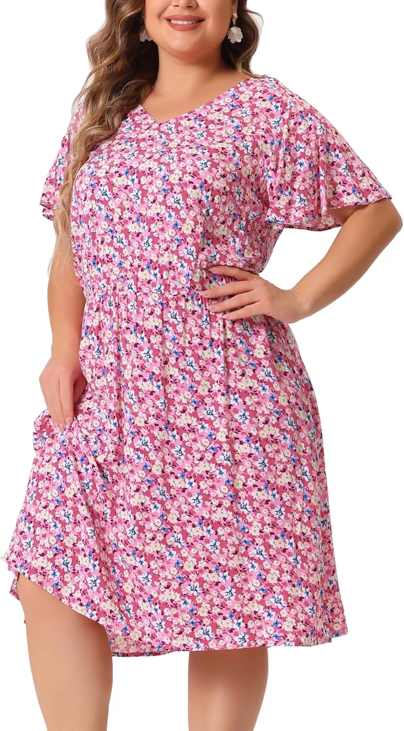 Agnes Orinda Plus Size Summer Dresses for Women V Neck Flare Sleeve Sundress Peplum Midi Ruffle Dress