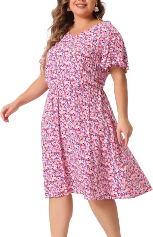 Agnes Orinda Plus Size Summer Dresses for Women V Neck Flare Sleeve Sundress Peplum Midi Ruffle Dress