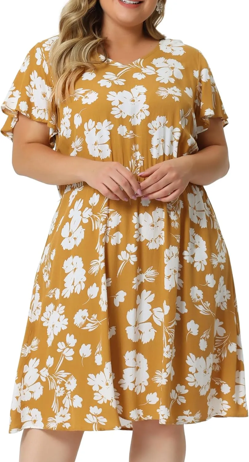 Agnes Orinda Plus Size Summer Dresses for Women V Neck Flare Sleeve Sundress Peplum Midi Ruffle Dress