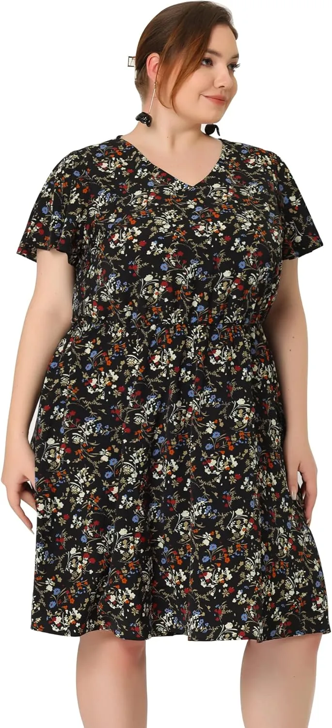 Agnes Orinda Plus Size Summer Dresses for Women V Neck Flare Sleeve Sundress Peplum Midi Ruffle Dress
