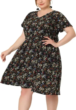 Agnes Orinda Plus Size Summer Dresses for Women V Neck Flare Sleeve Sundress Peplum Midi Ruffle Dress