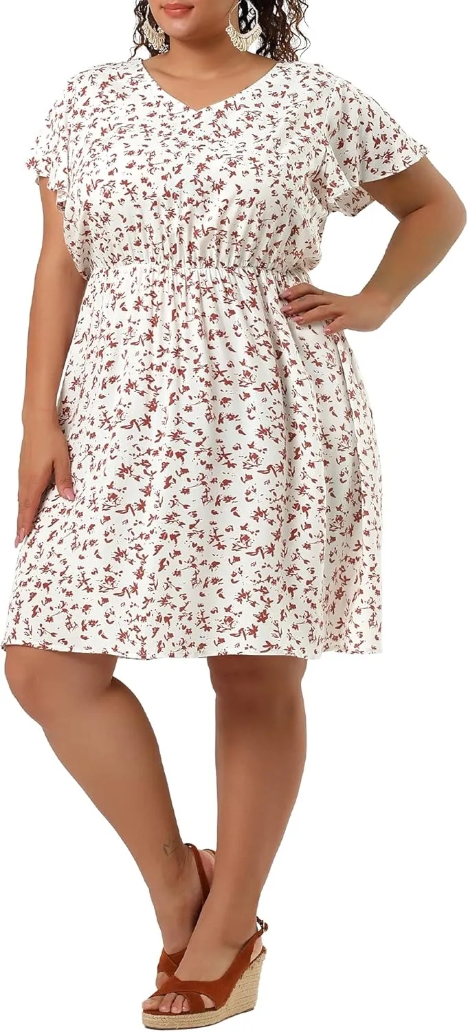 Agnes Orinda Plus Size Summer Dresses for Women V Neck Flare Sleeve Sundress Peplum Midi Ruffle Dress