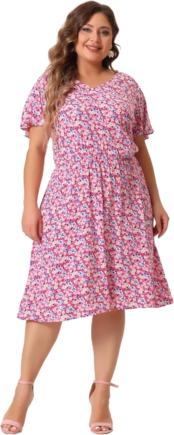 Agnes Orinda Plus Size Summer Dresses for Women V Neck Flare Sleeve Sundress Peplum Midi Ruffle Dress