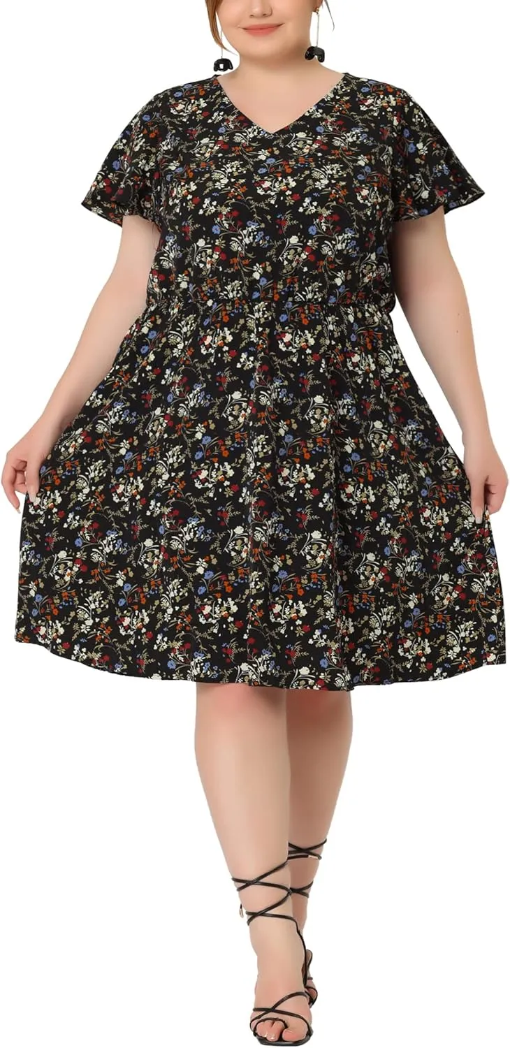 Agnes Orinda Plus Size Summer Dresses for Women V Neck Flare Sleeve Sundress Peplum Midi Ruffle Dress