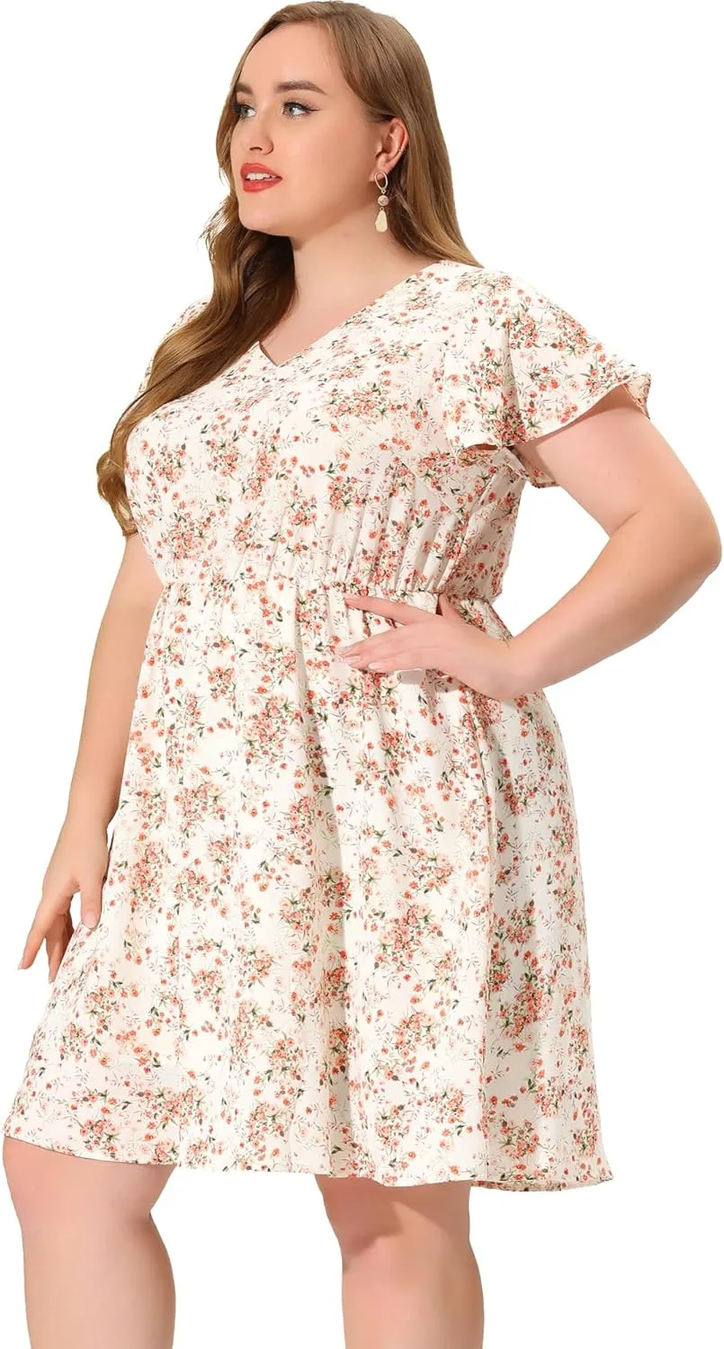 Agnes Orinda Plus Size Summer Dresses for Women V Neck Flare Sleeve Sundress Peplum Midi Ruffle Dress