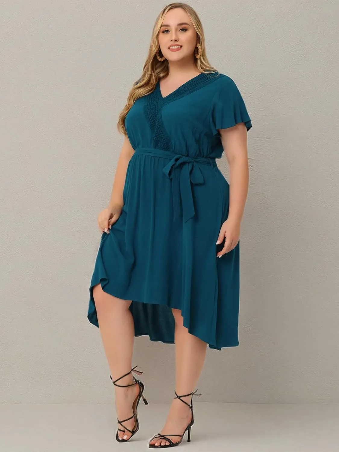 Agnes Orinda Women's Plus Size Summer Boho Dress V Neck Short Sleeve High Low a Line Beach Midi Dress