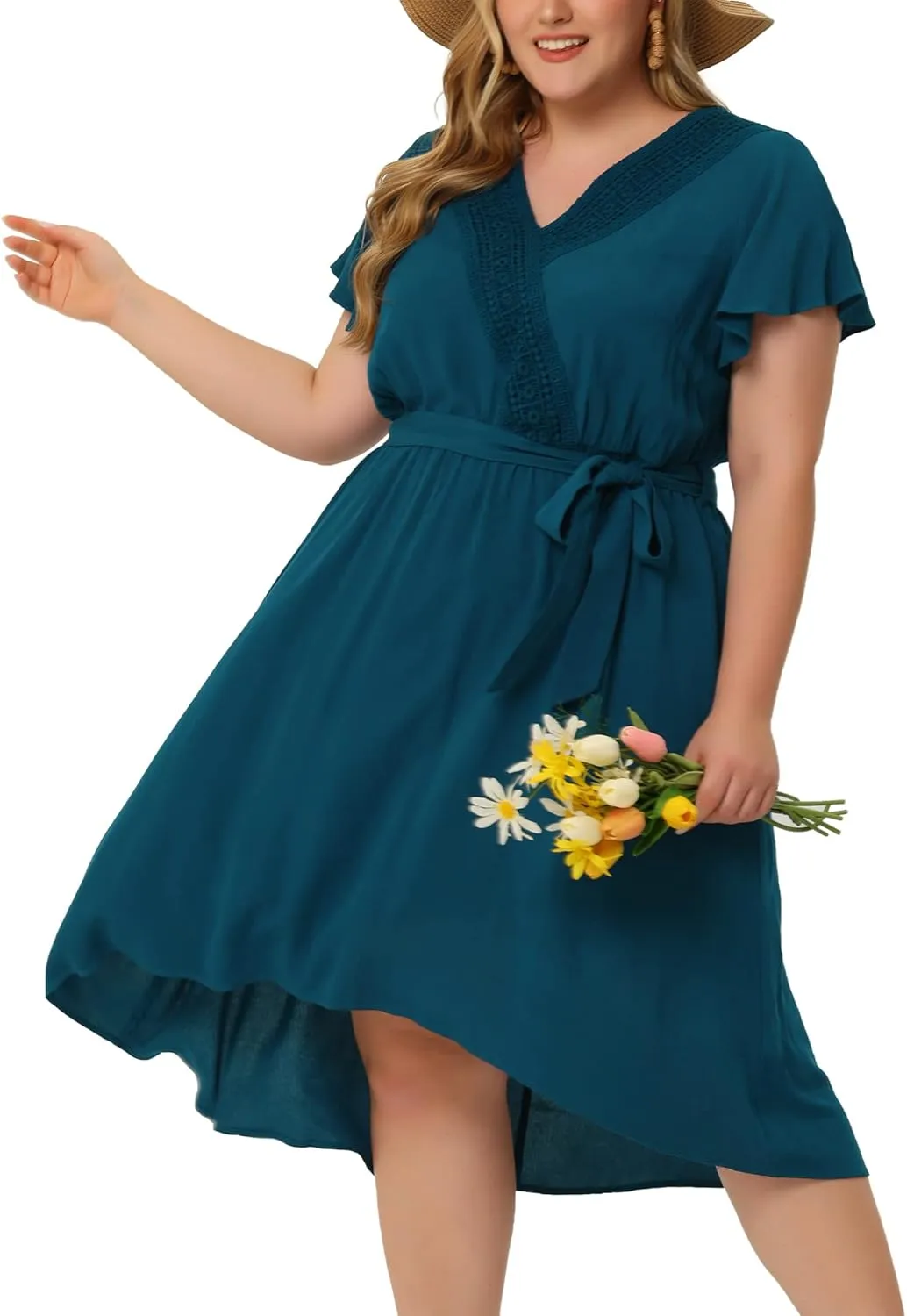 Agnes Orinda Women's Plus Size Summer Boho Dress V Neck Short Sleeve High Low a Line Beach Midi Dress