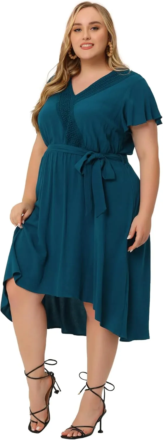 Agnes Orinda Women's Plus Size Summer Boho Dress V Neck Short Sleeve High Low a Line Beach Midi Dress