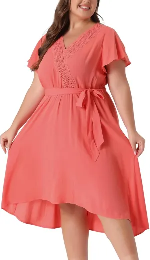Agnes Orinda Women's Plus Size Summer Boho Dress V Neck Short Sleeve High Low a Line Beach Midi Dress