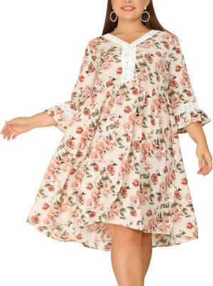 Agnes Orinda Women's Plus Size Vintage Dresses Lace Floral Ruffle V Neck 3/4 Sleeve Midi Babydoll Dress