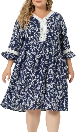 Agnes Orinda Women's Plus Size Vintage Dresses Lace Floral Ruffle V Neck 3/4 Sleeve Midi Babydoll Dress