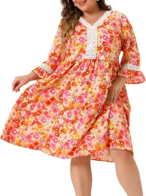 Agnes Orinda Women's Plus Size Vintage Dresses Lace Floral Ruffle V Neck 3/4 Sleeve Midi Babydoll Dress