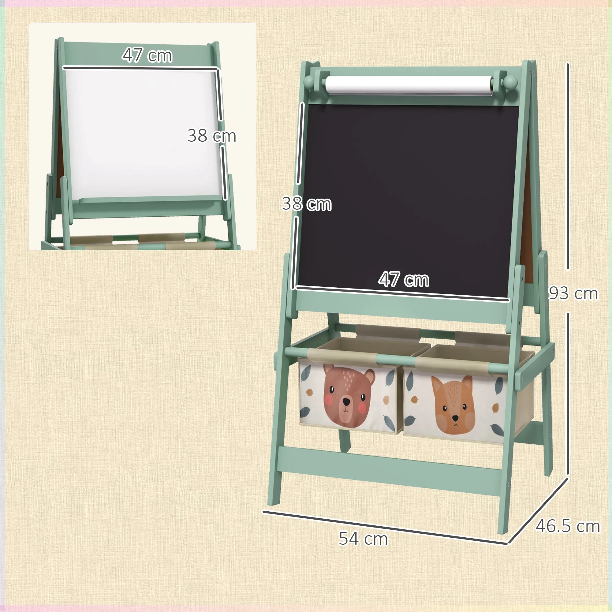AIYAPLAY Kids Easel with Paper Roll, Blackboard, Whiteboard, Storage, Green