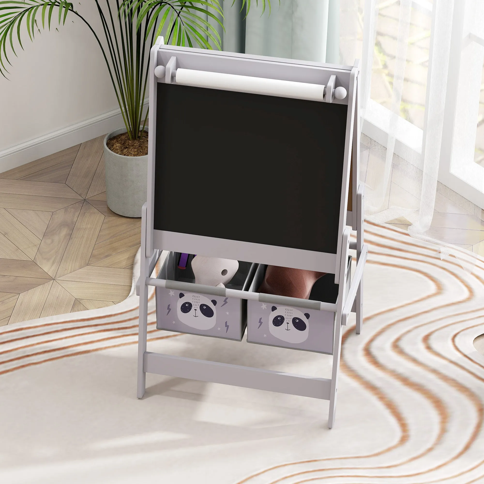 AIYAPLAY Kids Easel with Paper Roll, Blackboard, Whiteboard, Storage, Grey